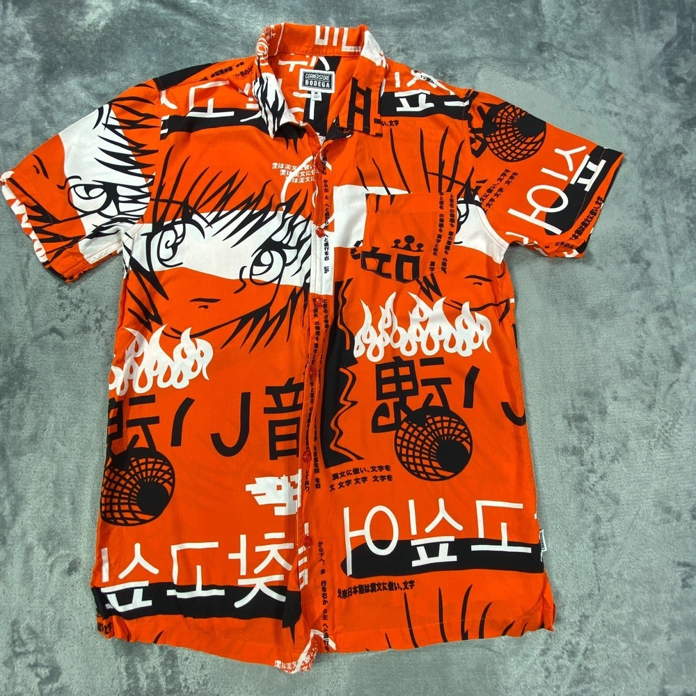 Anime Graphic Shirt Medium Orange Japanese Harajuku Streetwear Button Up Graphic